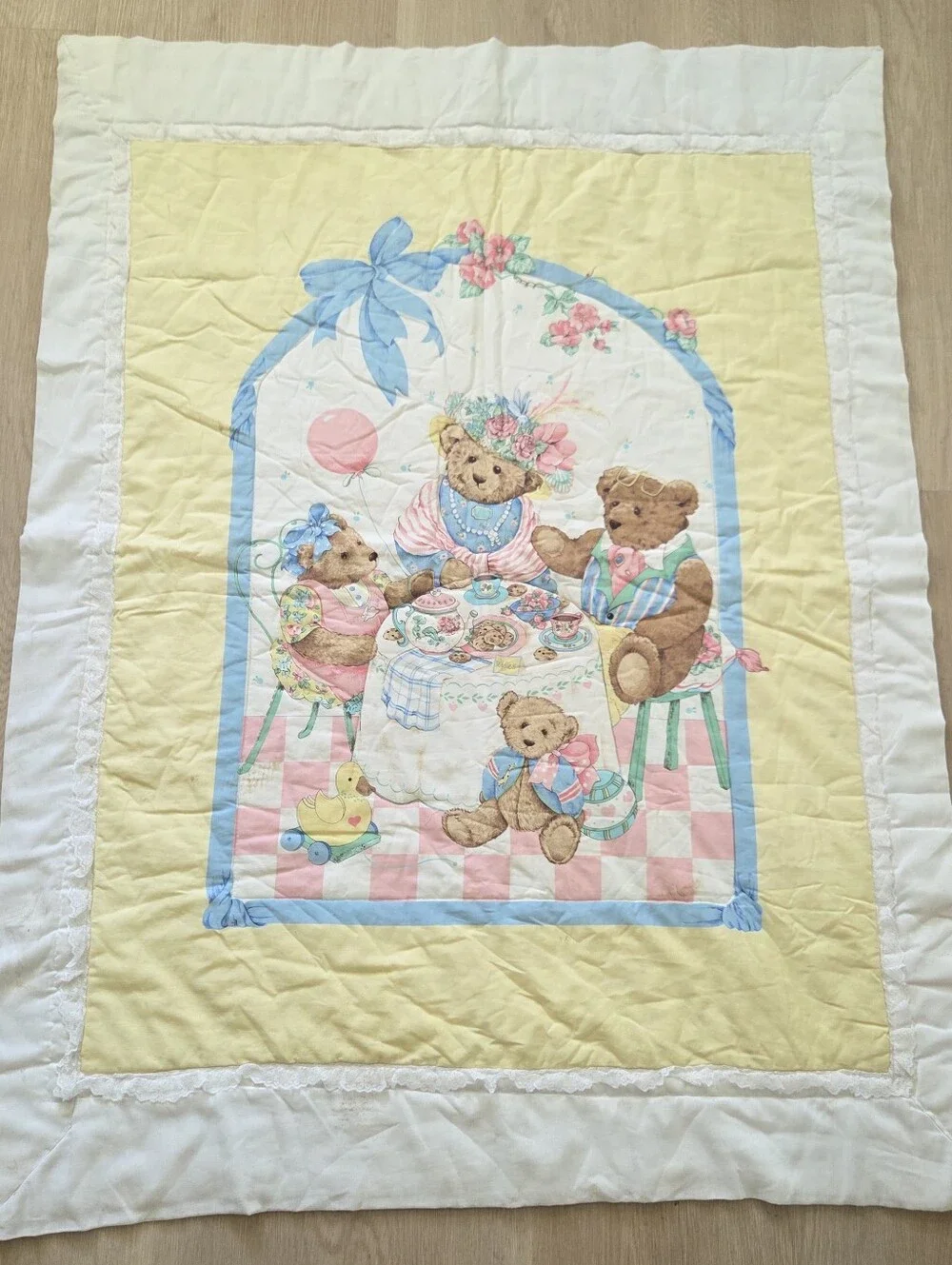 Vintage Tea Party Teddy Bear Quilted Baby Toddler Girl Blanket
